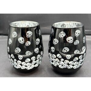2 Stemless Black Silver Lining Skelton Skull Wine Drink Barware Glasses 5"